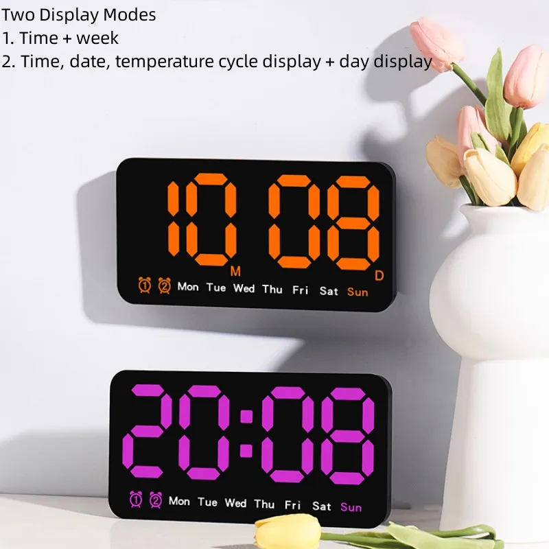 Sprachsteuerung, große digitale Wanduhr, Temperatur, Datum, Woche, DST, Schlummer-Tischuhr, 12/24 Stunden, Dual-Alarm, Wand-LED-Uhr – Detail 22