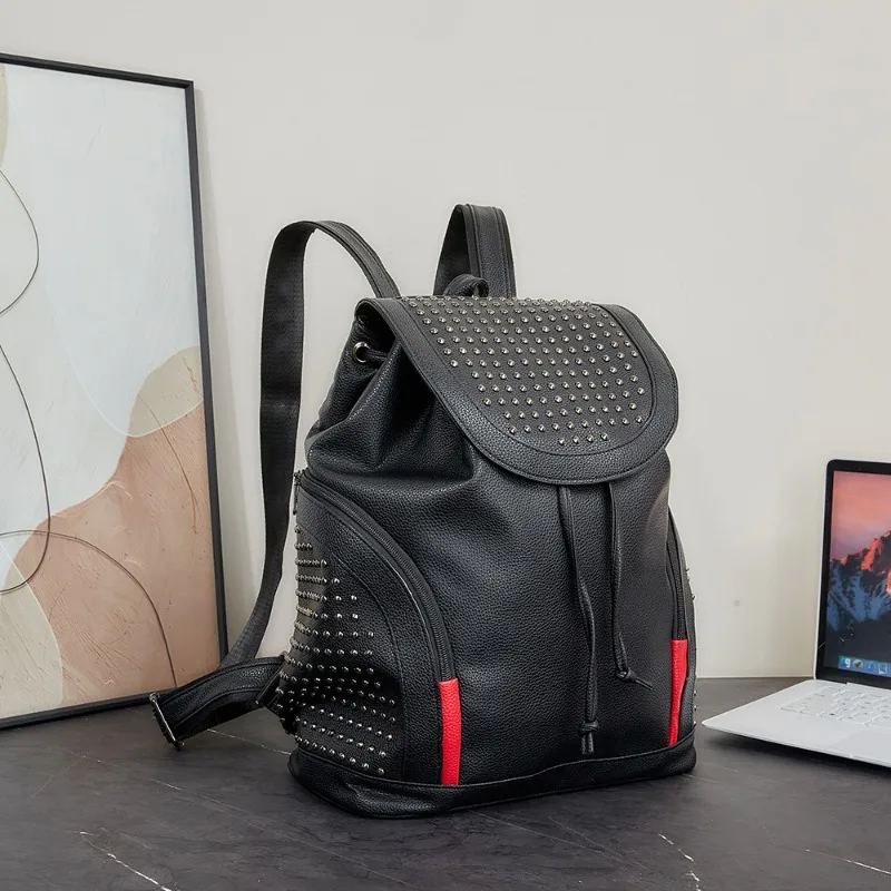 

Мужской рюкзак с заклепками, большая вместимость, дорожные рюкзаки для мужчин, 14-дюймовая сумка для ноутбука, рюкзак с клапаном на шнурке, мужской студенческий школьный рюкзак