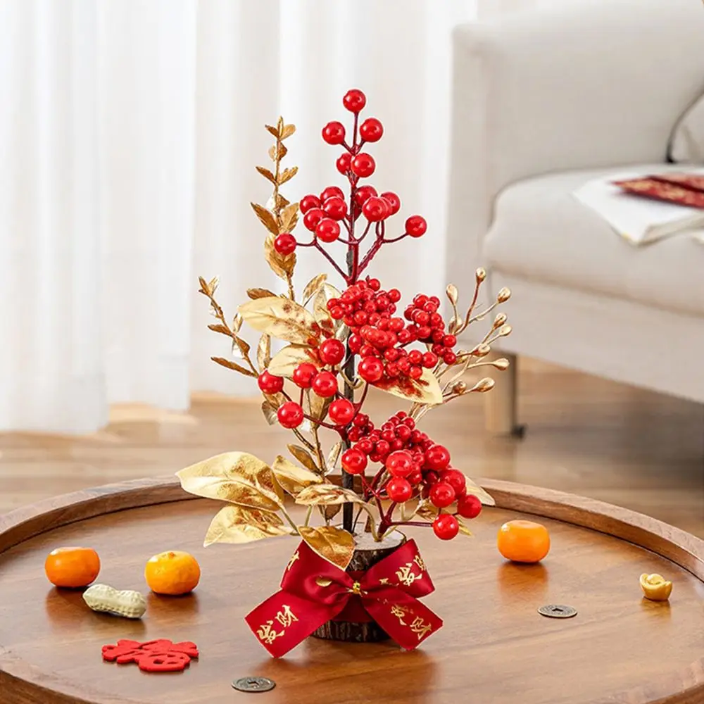 Chinese Artificial Flowers Plants Pots Get Rich Good Luck New Year Pots Tabletop Decoration Red Berry Branch Wedding Pots