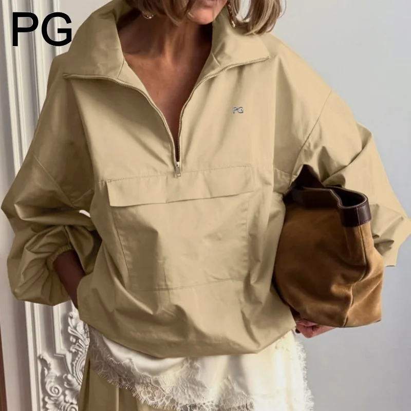 PG Women's Half-Zip Stand Collar Loose Jacket with PG Embroidery Pockets, Khaki Casual Workwear for Daily Commute