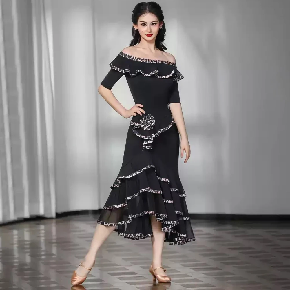 Women's Practice Ballroom Dance Dress New Ballroom Dance Line Collar suit Short-sleeved Shirt Dress Leopard Print Stage Dress