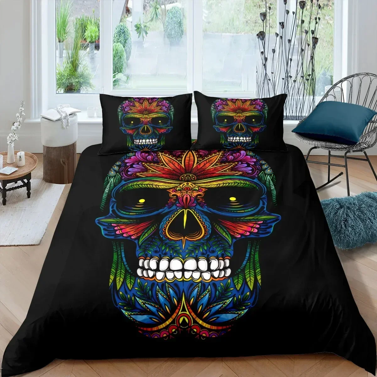 Skull Skeleton King Queen Duvet Cover Cool Gun Red Rose Bedding Set Poker Boys Men Comforter Cover Black Polyester Quilt Cover