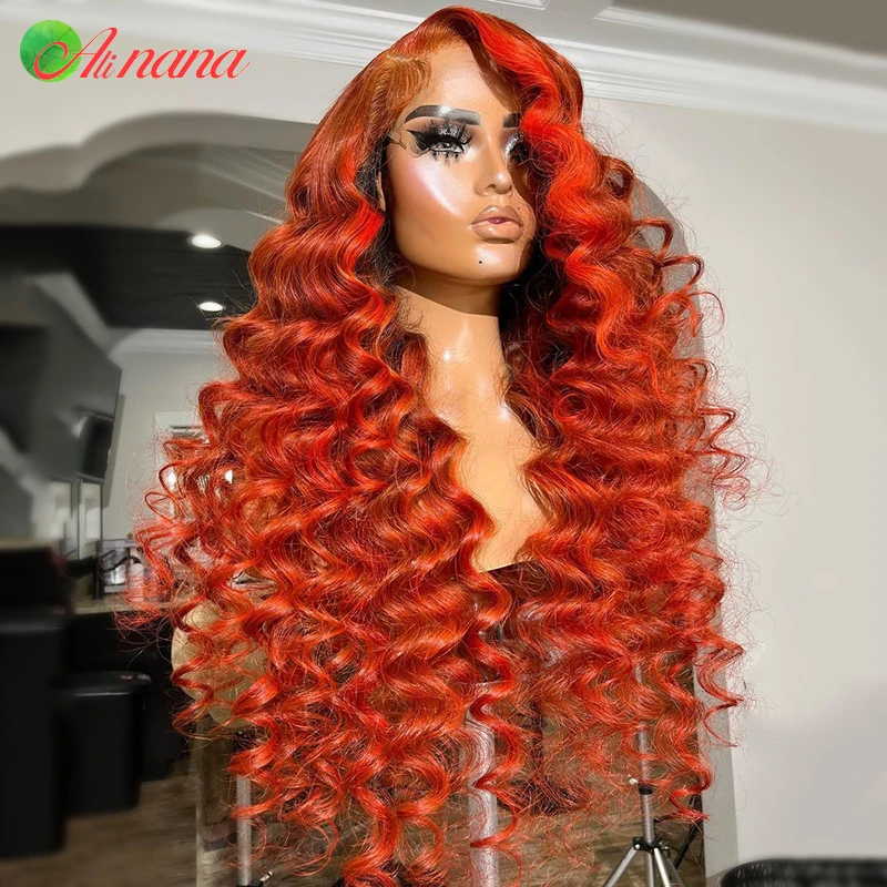 

Orange 13x6 Loose Deep Curly Human Hair Wigs Lace Frontal Wig Cherry Red Color Pre-Plucked 6x6 Lace Closure Wigs For Black Women