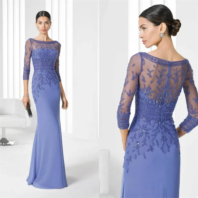 personalizzato 2024 Abiti per la madre della sposa Gioiello 3/4 maniche lunghe Illusion Appliqued Paillettes Perline Abito per la madre Lunghezza pavimento