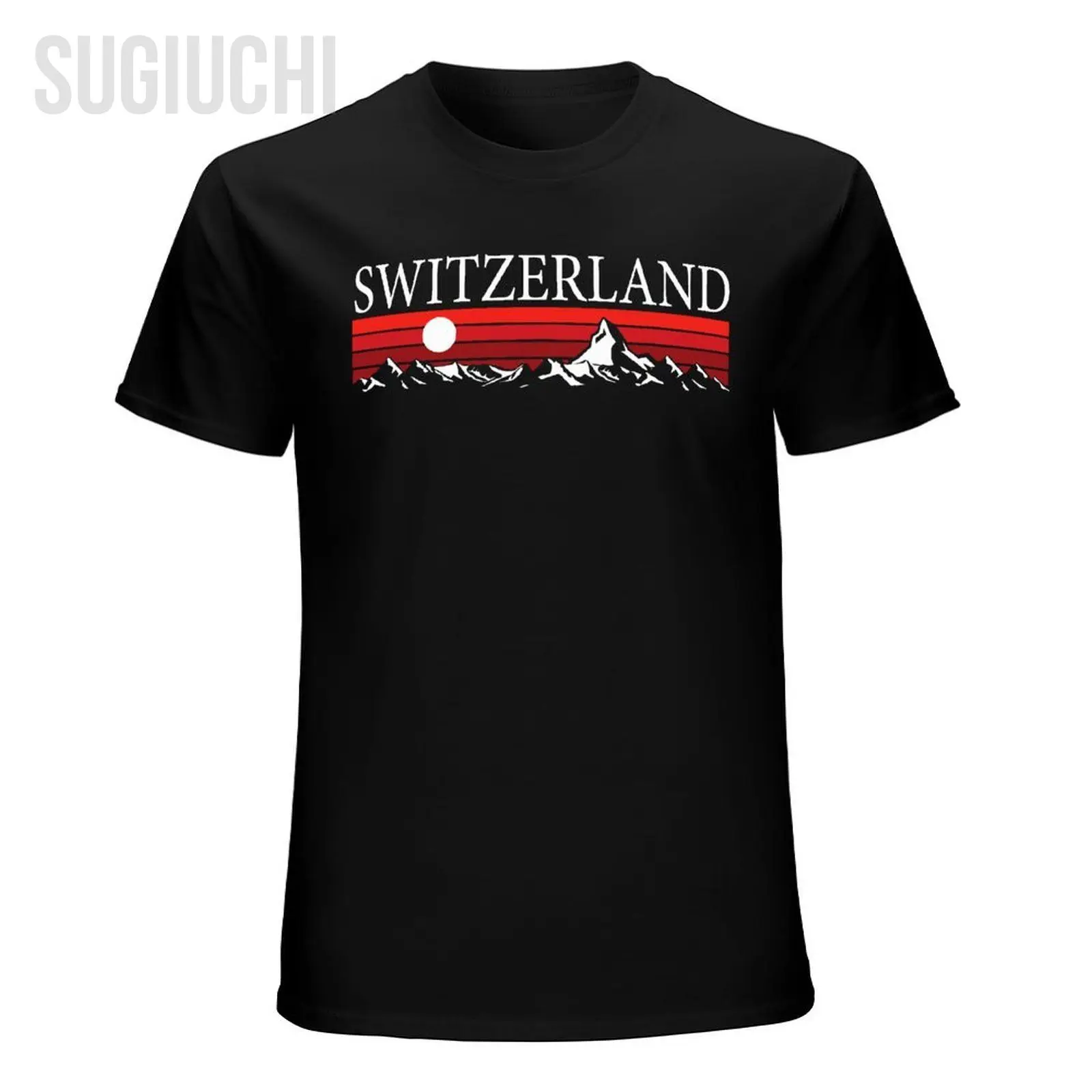 Unisex Men Swiss Alps And Red Sunset Switzerland Mountains Tshirt Tees O-neck T Shirts Women Boys 100% Cotton T-Shirt