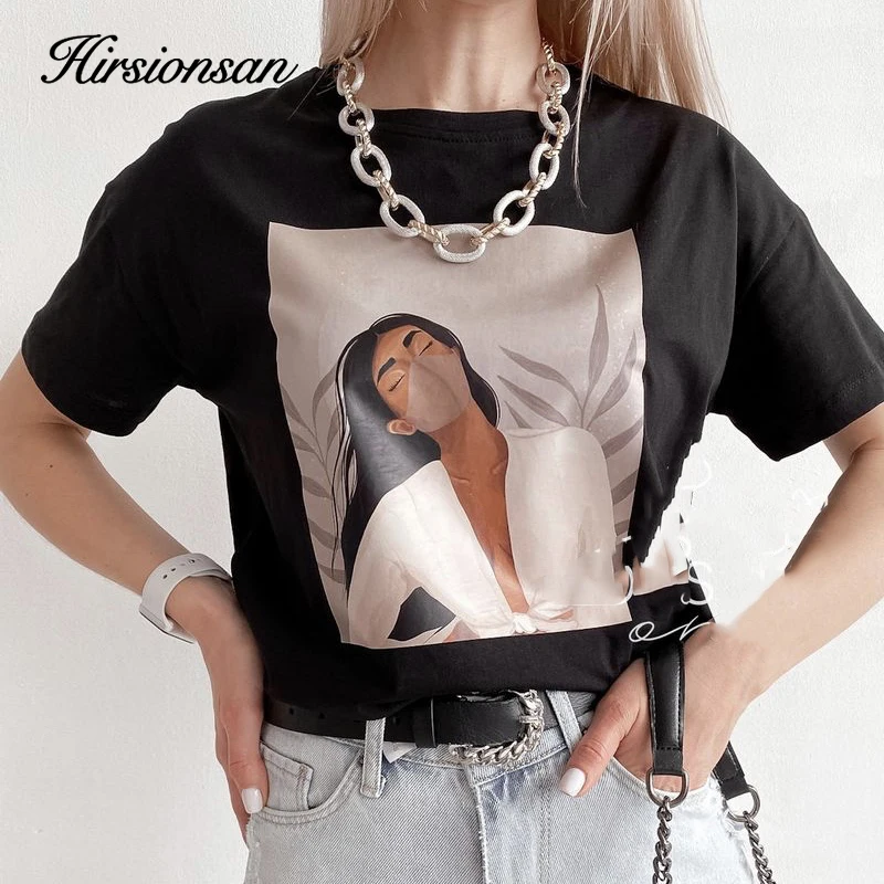 Hirsionsan T Shirt Women 2023 New Summer Githic Print Chic Tees 100% Cotton Vintage Jumper Clothes Oversized Casual Pullover Top