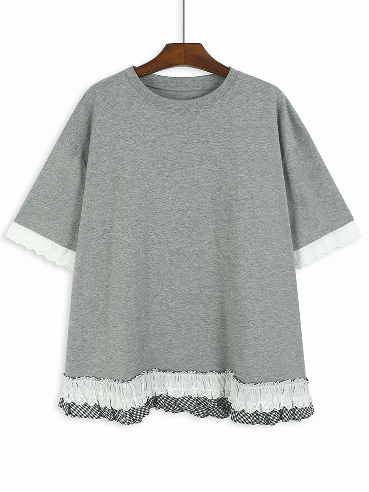 

Women Gray Lace Hem Spliced Big Size Casual T-shirt New Round Neck Short Sleeve Fashion Tide Spring Summer