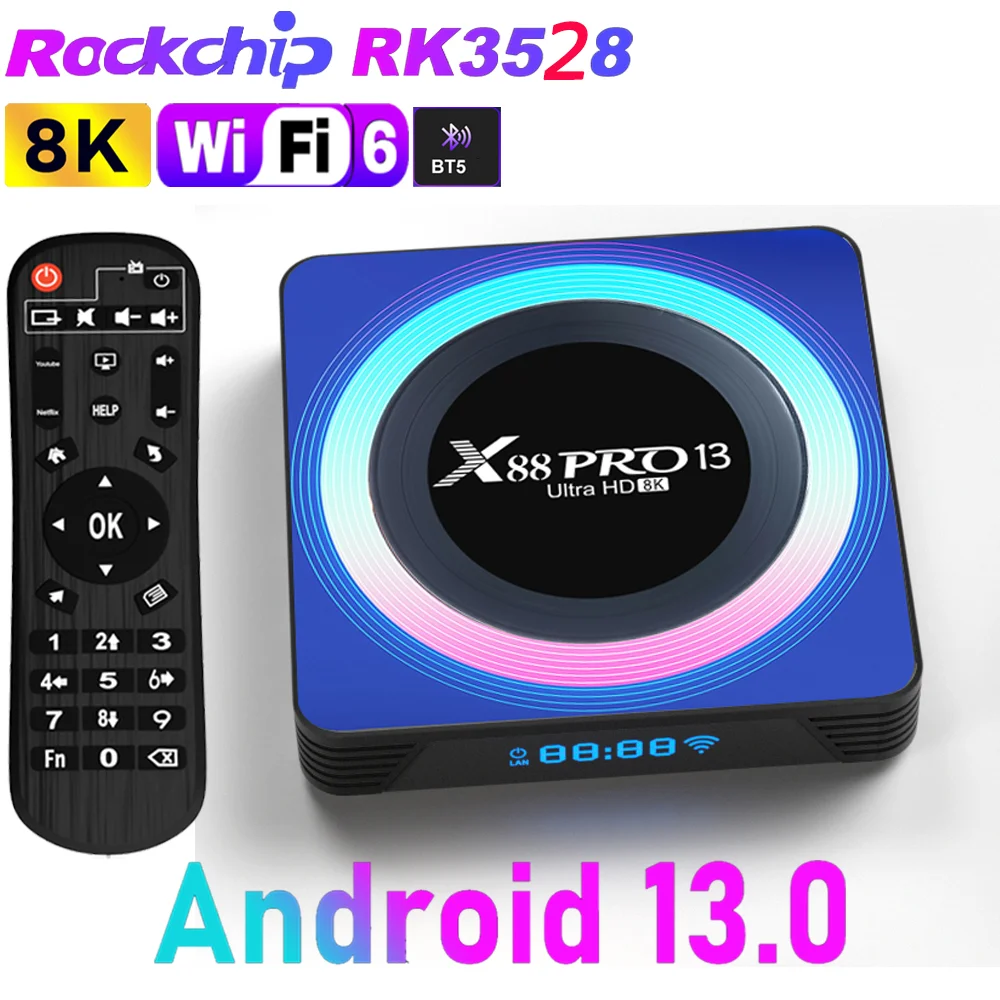 

X88 PRO Android 13.0 RK3528 Quad Core Wifi6 8K LAN 100M Dual Wifi 2.4G 5G BT5.0 Voice Assistant Smart TV Box