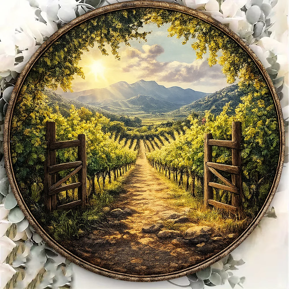 2D Vintage Metal Wall Art, Rustic Vineyard Sunset Sign, Farmhouse Garden Decor Plaque for Winery Patio Gift