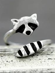 Vintage Raccoon Animal Design anello aperto gioielli a mano placcati in argento per donne ragazze adolescenti