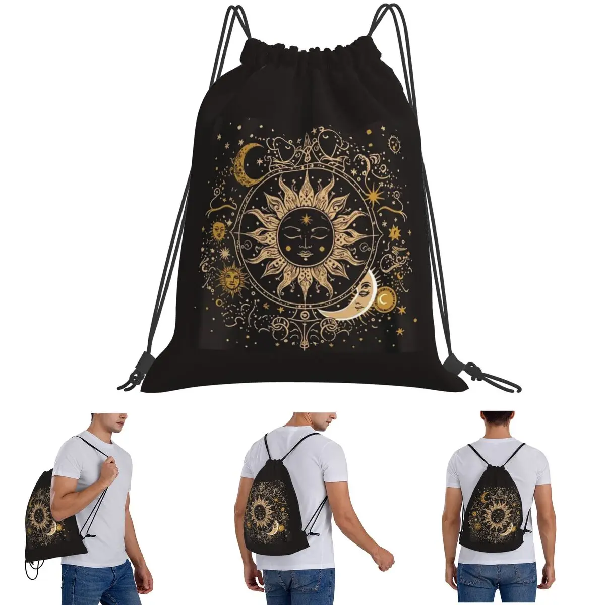 Boho Golden Crescent Moon And Sun Witch Backpacks Multi-function Drawstring Bundle Pocket Shoes Bag Book Bags for UNisex School