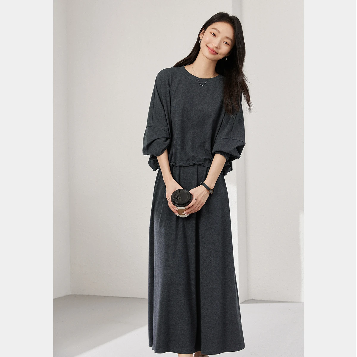 VIMLY Dark Gray Knit Two Piece Set 2026 Autumn Women Round Neck Top High Waist A-line Long Skirt Commuter Matching Outfit A0097 image 3