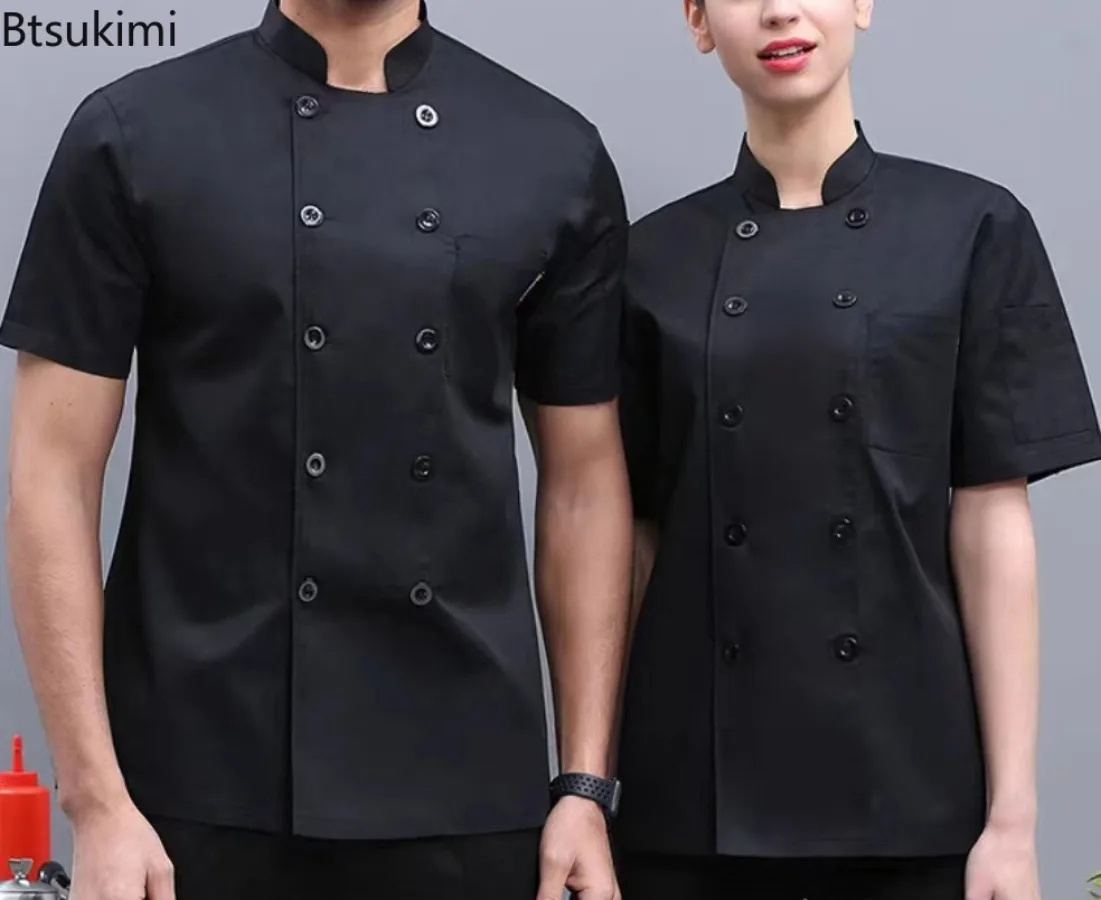 Short Sleeve Chef Uniforms for Men Women Breathable Stand Collar Chef Coats Restaurant Hotel Kitchen Workwear with Chest Pocket