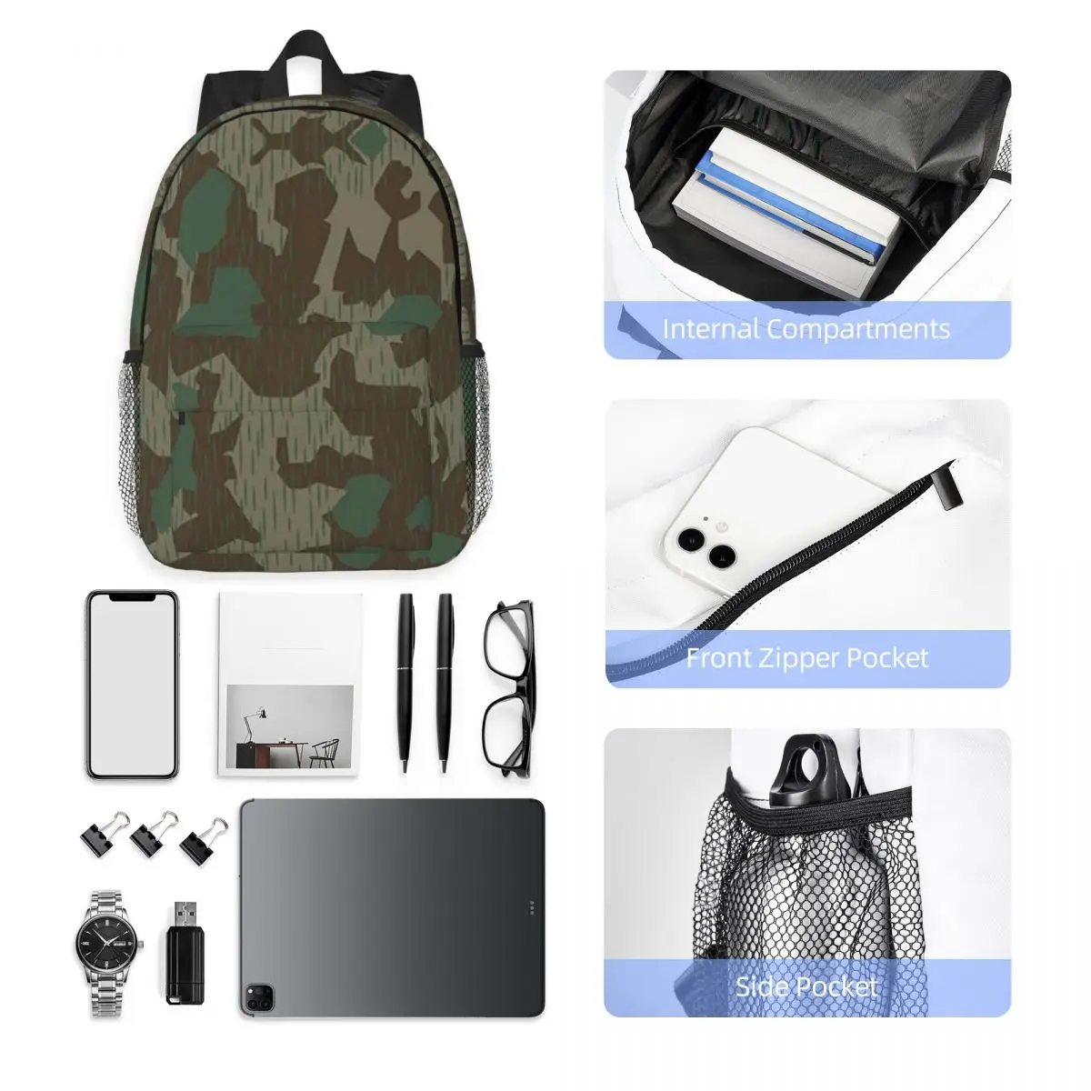 WW2 Germany Military Splinter Camo Splittertarn Camouflage Backpack Student BookBag Men Women School Bag Computer Shoulder Bags