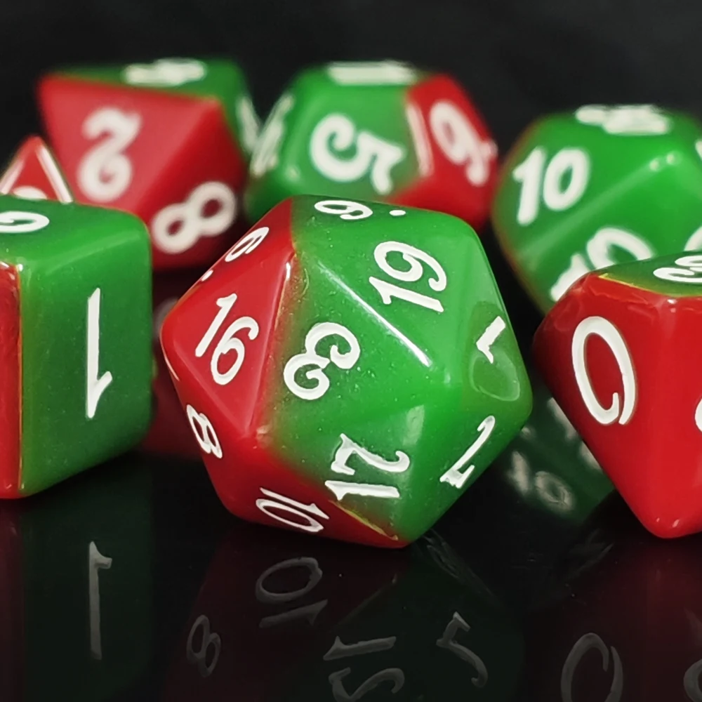 Red & Green Two-Tone Polyhedral Dice Set, 7-Piece Acrylic DND Dice with White Numbers for Dungeons & Dragons, TRPG, Tabletop