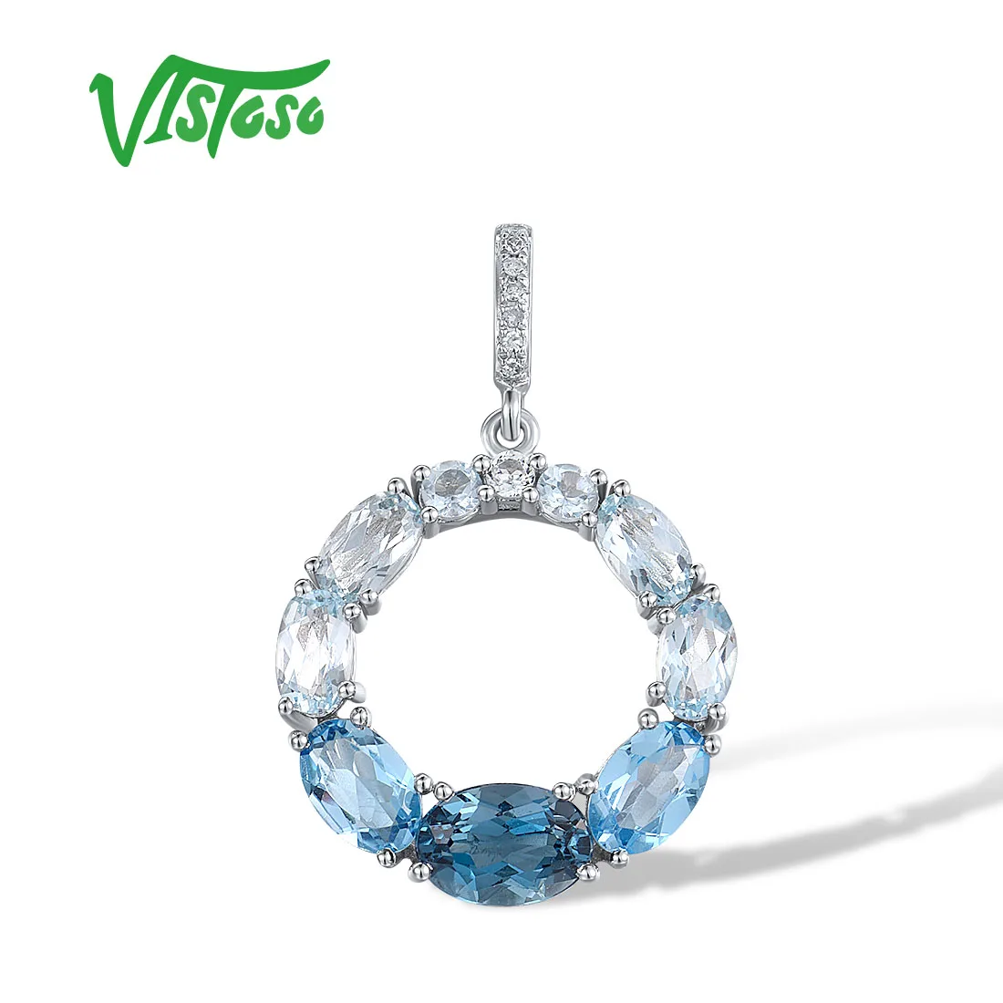 

VISTOSO Genuine 14K 585 White Gold Pendant For Women Sparkling Gradual Blue Topaz Diamond Circle Pendant Gorgeous Fine Jewelry