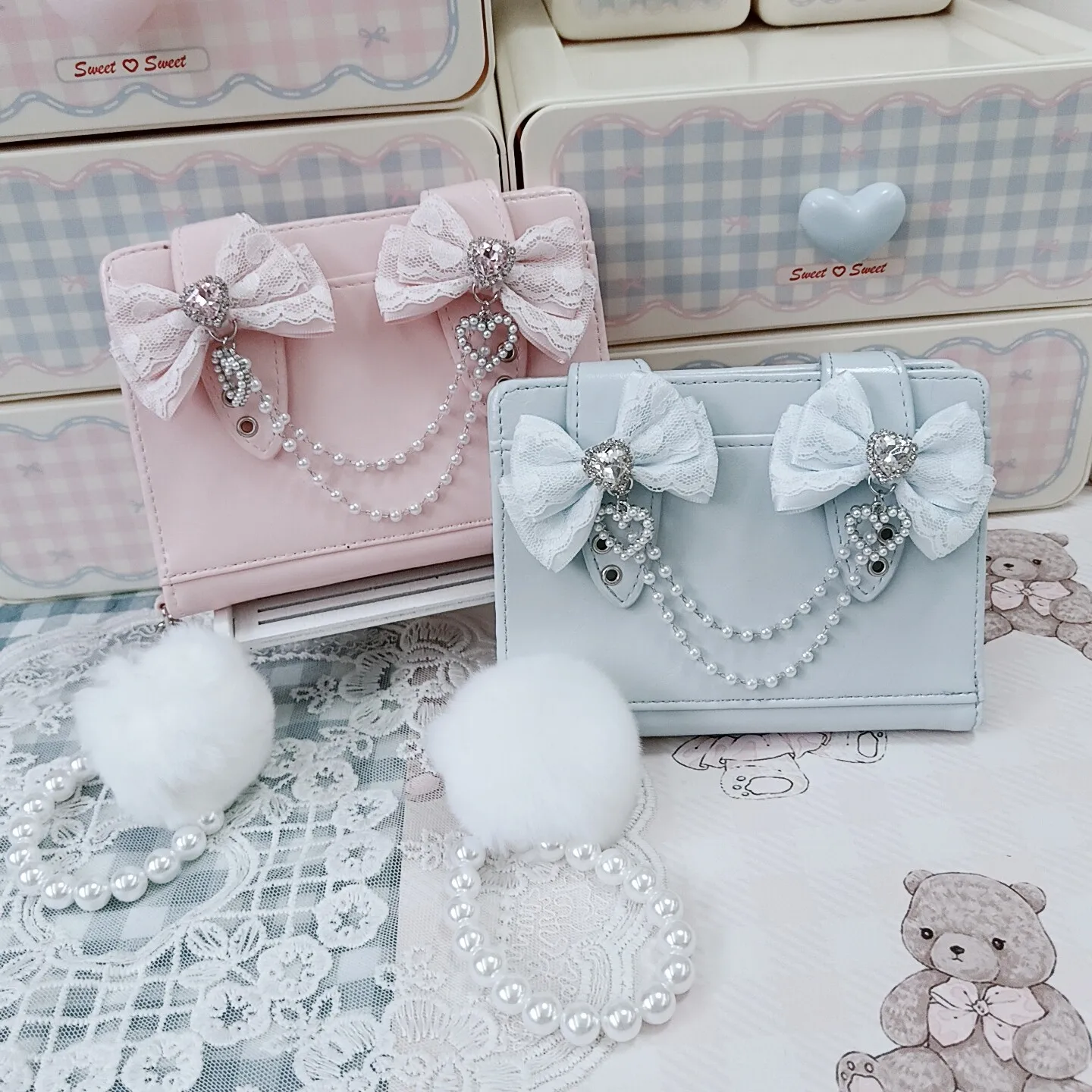 Handmade Japanese Bud Series Mass Production Bow Hairball Rabbit Ears Passport Bag Soft Girl Large Capacity Lolita Wallet Female
