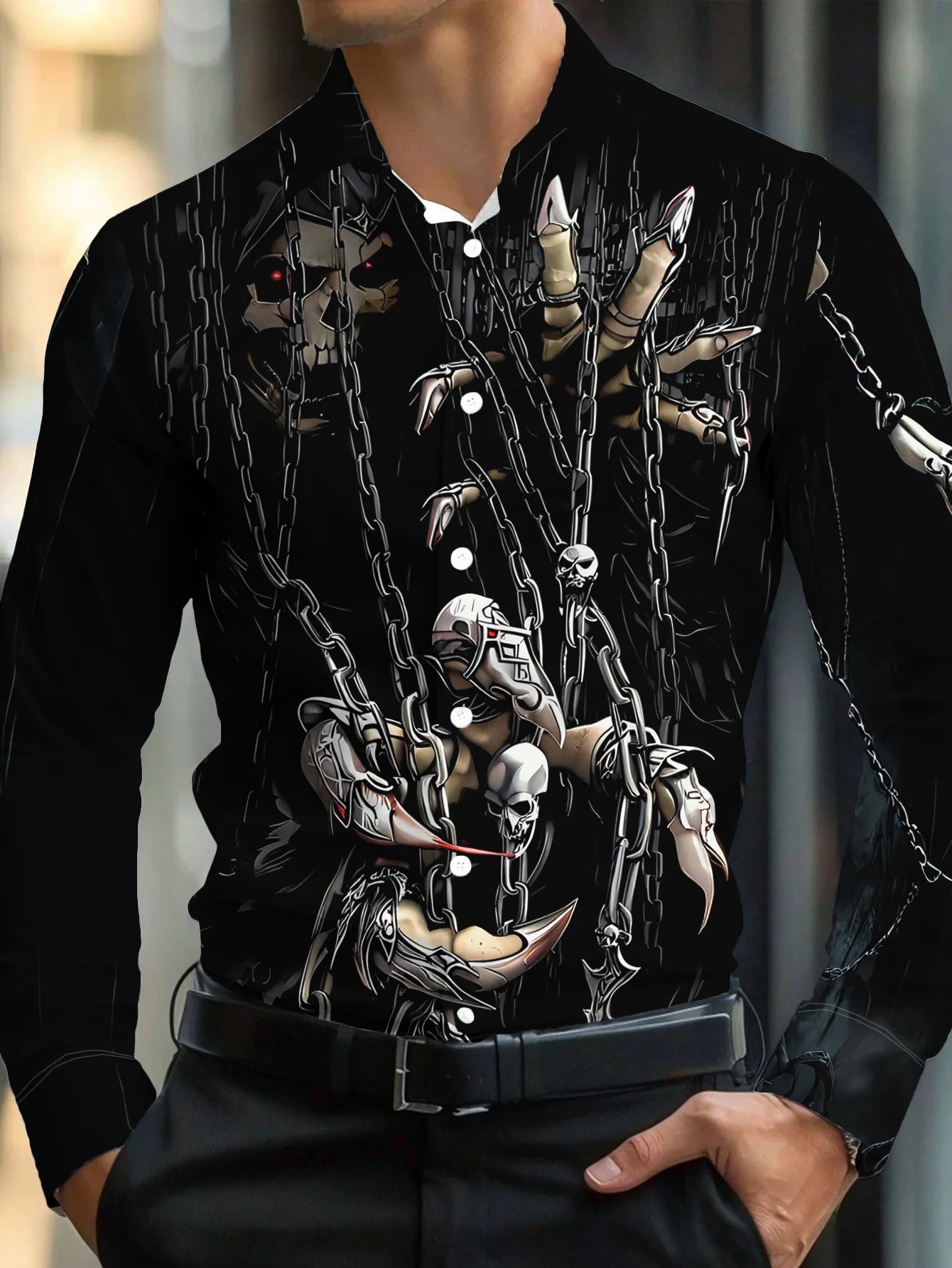 Men Long-Sleeve Button-Down Shirt Black Base Chain Skeleton Claw Print Polyester Lapel Collar Gothic Party Top