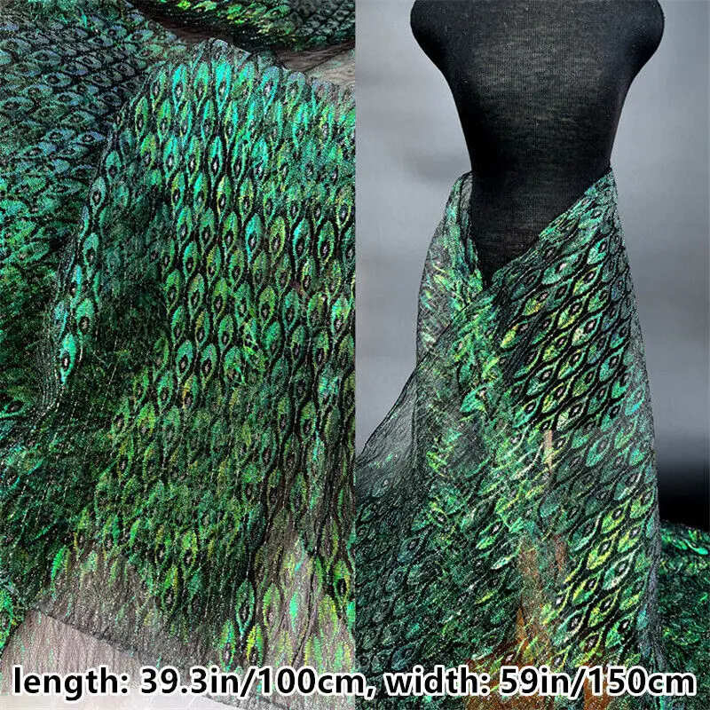 Peacock Lace Fabric Mesh Shiny Laser Sheer Tulle See Through Peacock Feather Pattern Diy Dress Costume Clothing Sewing Material