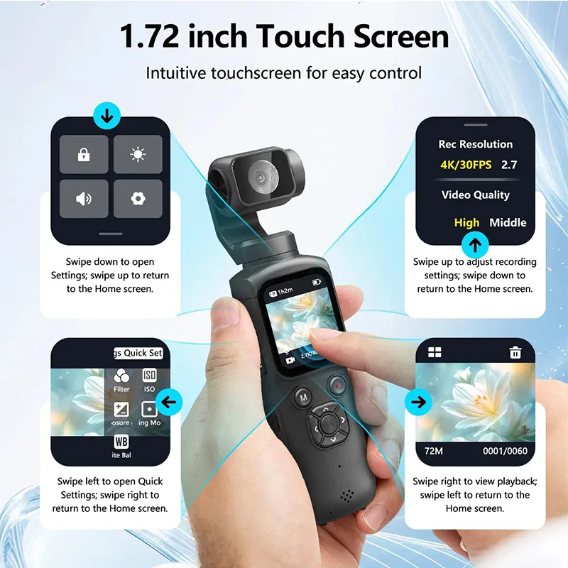 4K Pocket Action Camera 330° Auto-rotate Len Sport Camera Touchscreen Zoom Cam Face Tracking Portable Vlog Video Recorder Moto