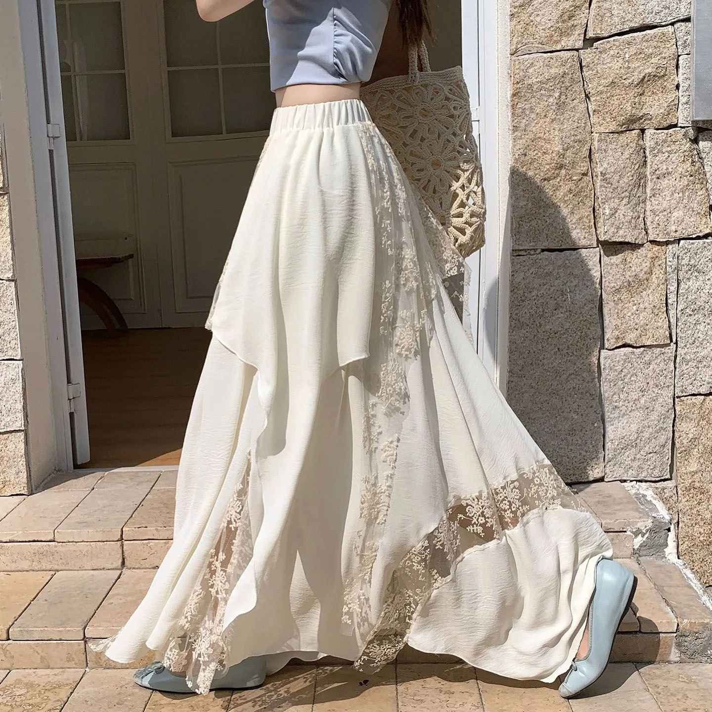 Women's Beige Black Lace Chiffon Maxi Skirt Elastic Waist Irregular Hem A-line Skirt Boho Beach Vacation Casual Summer Dress