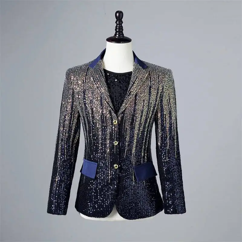 Flat Men's Gradient Blue Sequin Lapel Casual Suit Jacket DJ Singer Shiny Jacket Prom Dress