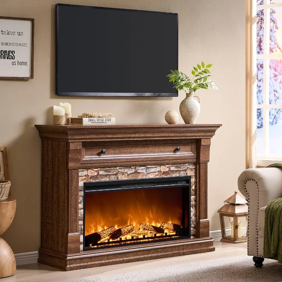 

52-inch Farmhouse-Style Electric Fireplace TV Stand with Mantel and Cabinet Features 36-inch Freestanding Electric Fireplace He
