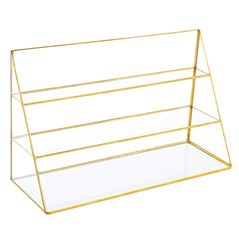 

3-Tier Glass Jewelry Display Showcase With Gold-Tone Metal Frame