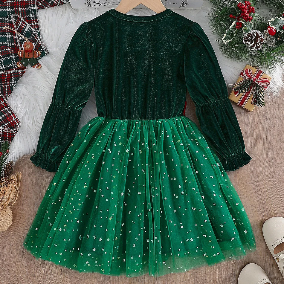 طفلة طباعة فستان شبكي الطفل نافيداد حفلة الكرة ثوب تنورة ربيع الخريف الاطفال ملابس الفتيات فساتين الأميرة هدية الكريسماس