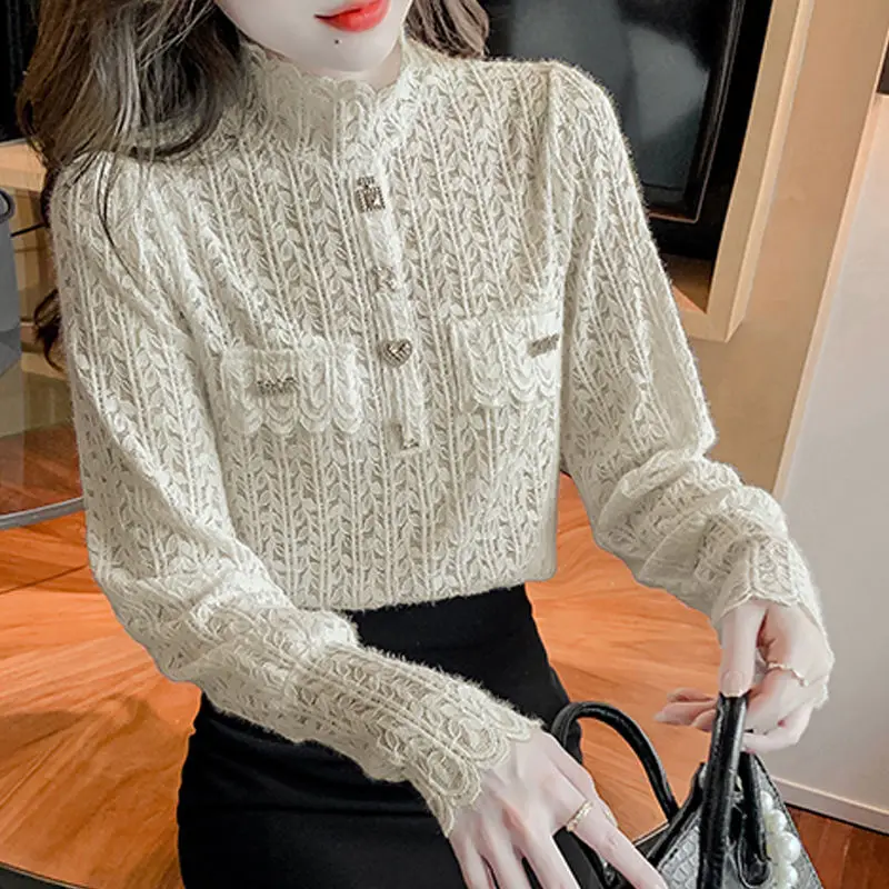 Women\'s Clothing Lace Half High Collar Blouse Stylish Hollow Out Autumn Winter Long Sleeve All-match Chic Letter Beading Shirt