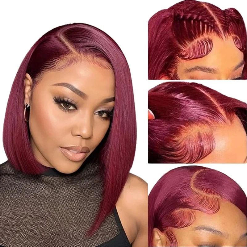 

13x4 Short Bob Wigs 99j Burgundy Transparent Lace Frontal Wigs 180% Density Affordable Glueless Human Hair Wigs Red Color