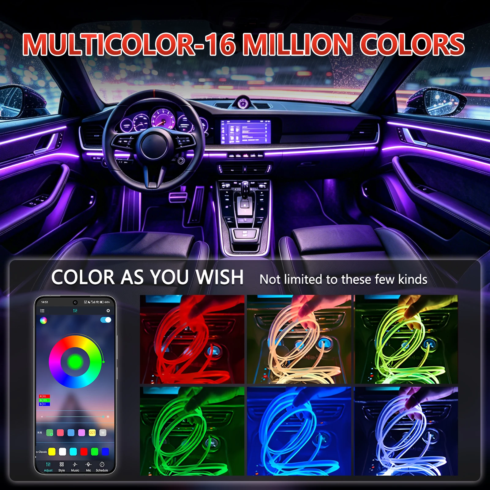 10IN1 8m LED Car Interior Ambient Light APP Remote Control Music Sync RGB Neon Fiber Optic Strip Light 12V Car Decoration Lamp