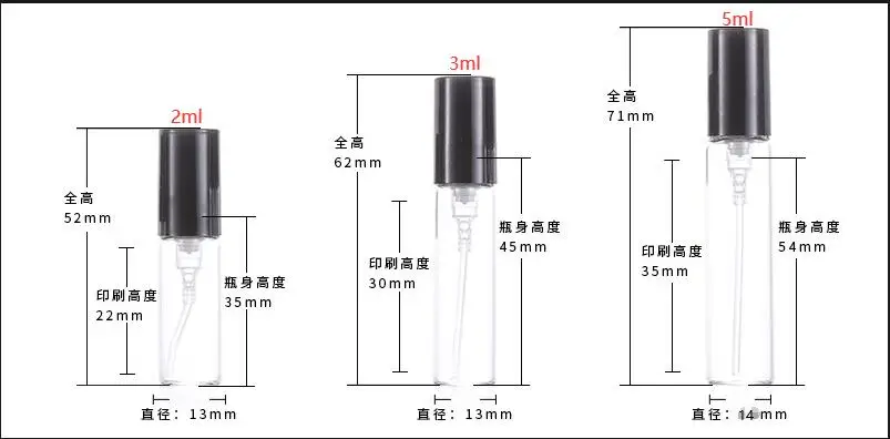 2ml 3ml niewidoczny wiosenny bagnet szklany buteleczki do perfum Mini czarna nakrętka rozpylacz butelka próbka z przezroczystego szkła
