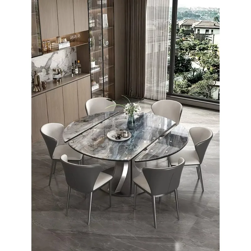 Luxury Natural Marble Stone Dining Table Extension-type Dinner Table With Stainless Steel Base High-end Home Furniture For Villa