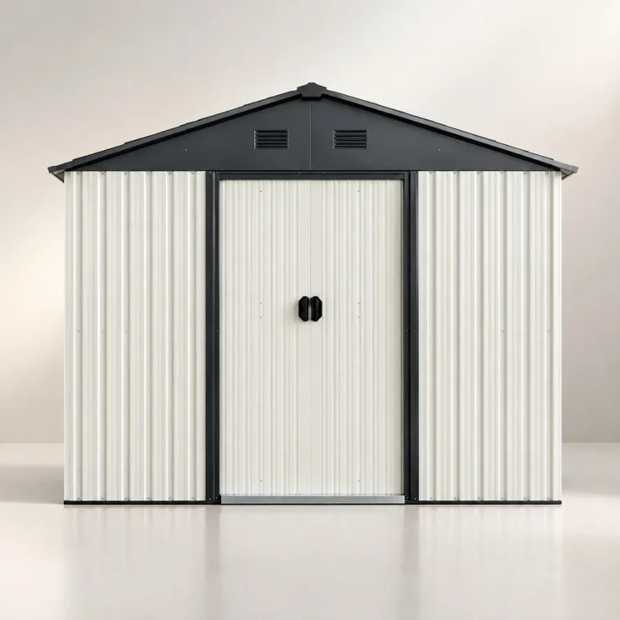 Outdoor metal storage shed for backyard, garden, patio, lawn: 8 x 4 FT, white, waterproof, sliding door, metal foundation, no w