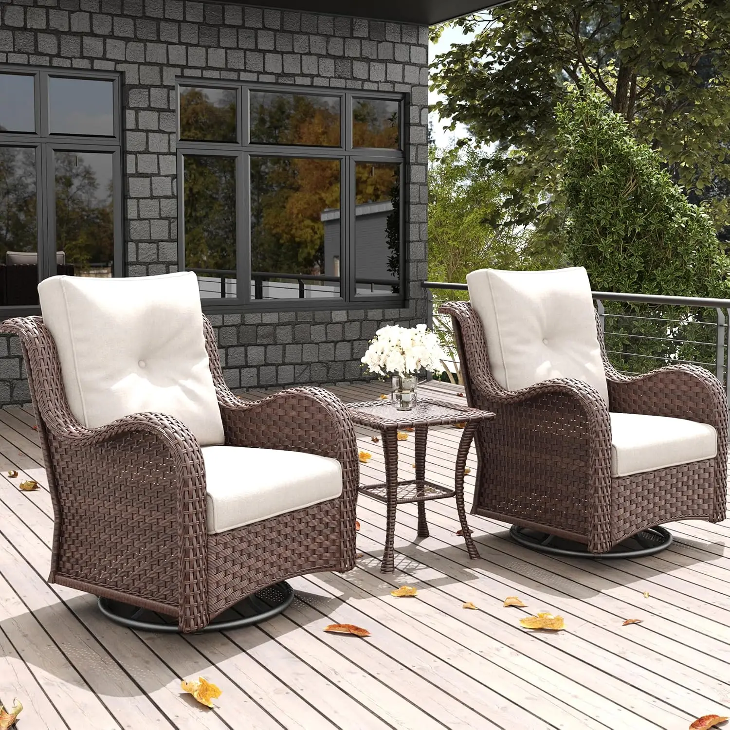3-Piece Outdoor Rattan Wicker Swivel Rocker Patio Furniture Set with Glider Chairs & Coffee Table, Customized