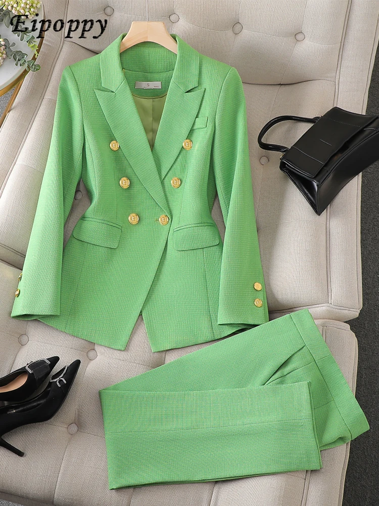 Fashion Pink Green Black Ladies Work Wear Pant Suit Women Female Button Decoration Formal Jacket Blazer and Trouser 2 Piece Set