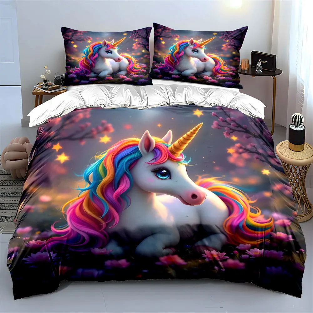 Fantasy Unicorn with Rainbow Glow Printed Duvet Cover Set 1 Duvet Cover+2 Pillowcase Multi Size Bedroom Bedding Decoration