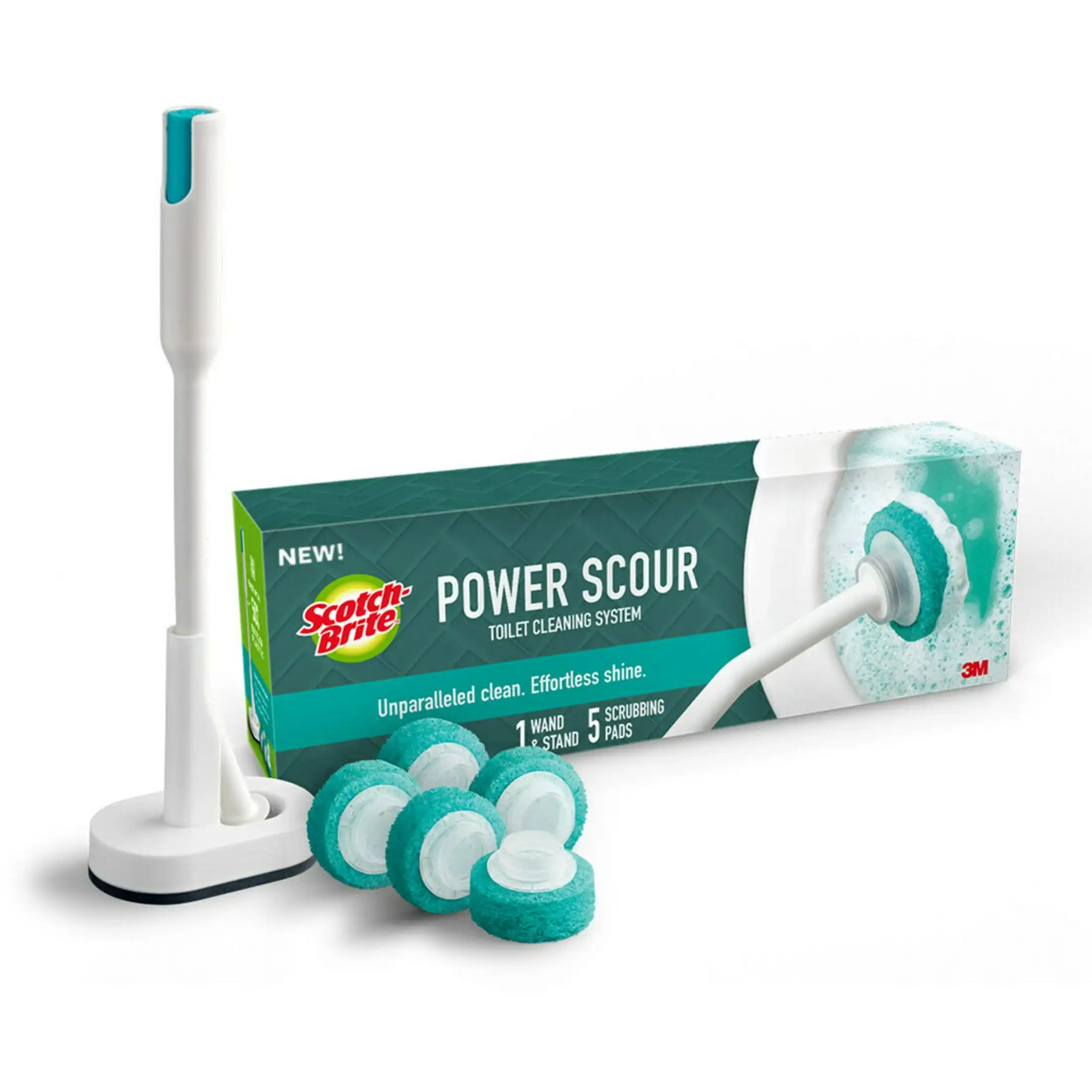 Power Scour Toilet Cleaning System, 1 Brush and Stand, 5 Scrubbing Pads Washing pad has a strong scouring force