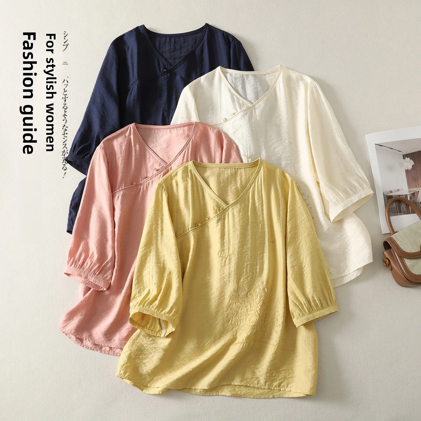 

plus Size Women's T-Shirt Casual Embroidered Top Cover Belly Five-Quarter Sleeve V-Neck Bottoming Shirt Commute Style