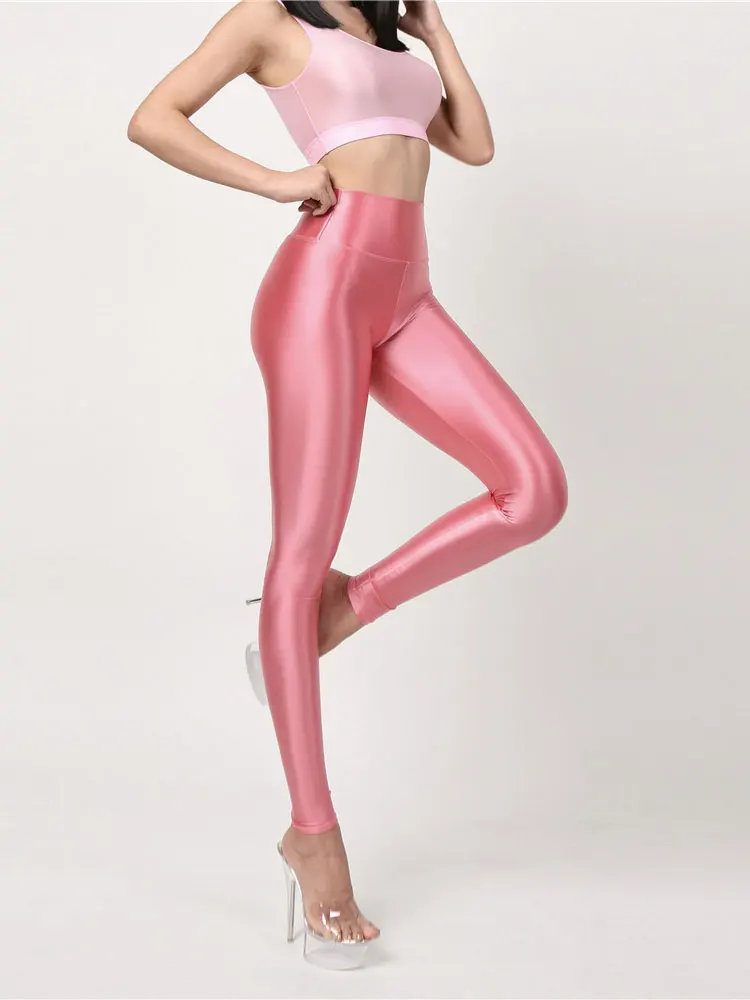 Sexy Women High Waist Sexy Tight Silk Shiny Pencil Pant Oil Glossy Candy Color Smooth Pants Sexy Erotic Maid Pants Yoga Leggings