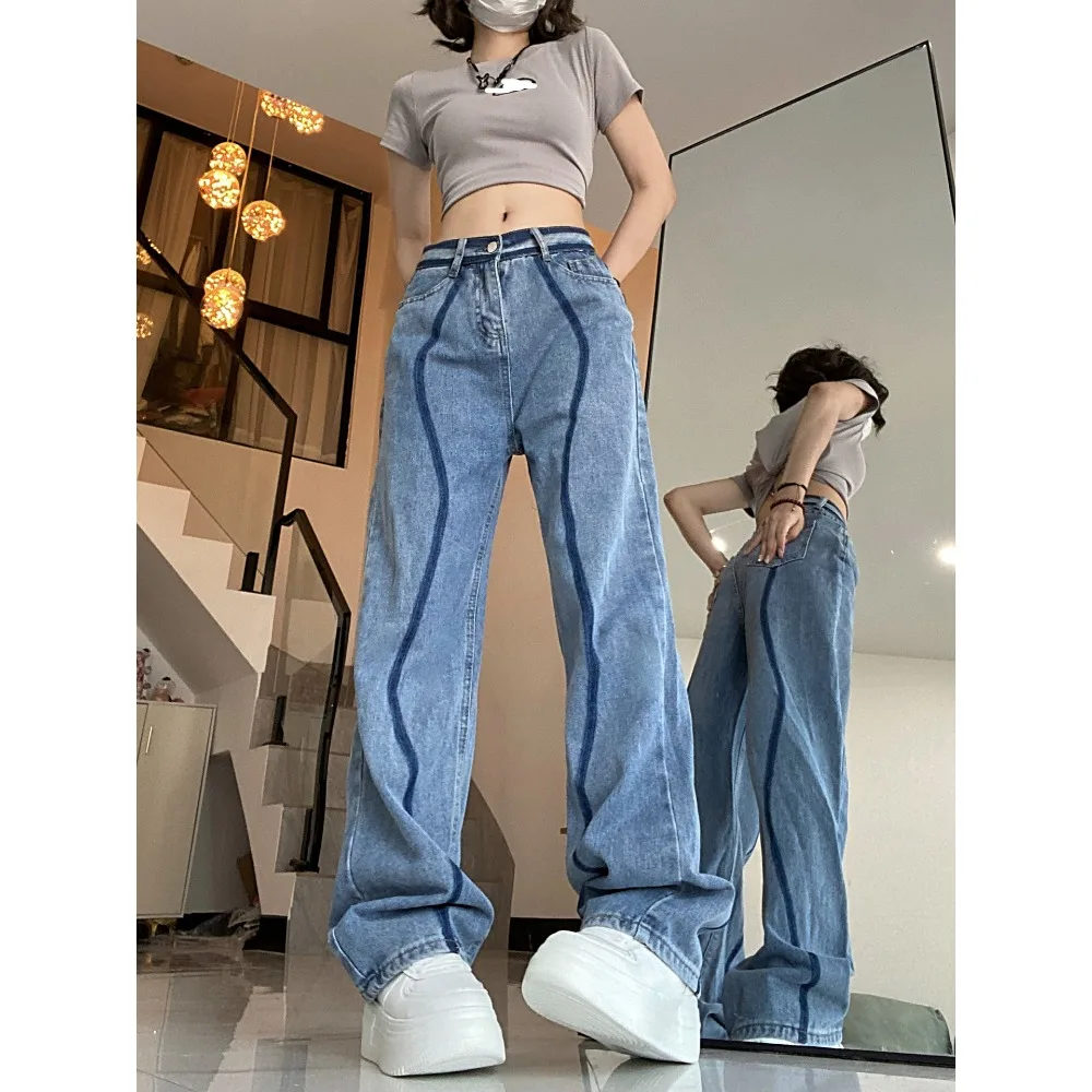 2025 Jeans dames nieuwe stijl patchwork ontwerp, hoge taille rechte pijpen wijde pijpen losse afslankende dweilbroek dames y2k streetwear