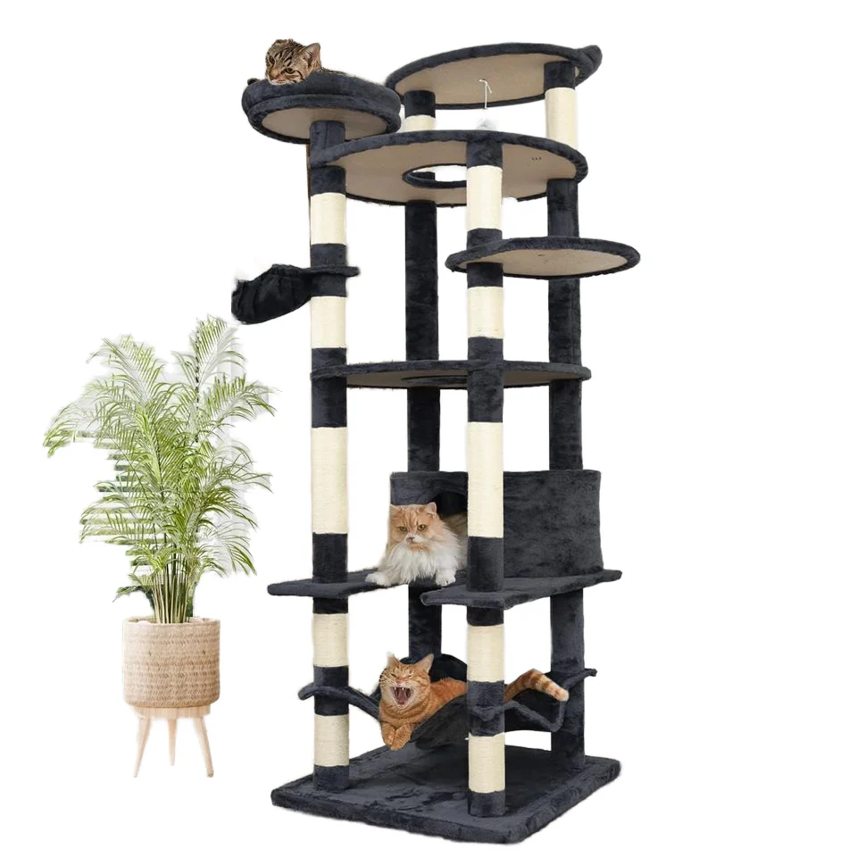 78.8in Dark Gray Cat Tree Multilevel Cat Tower Large Platform Wide Base Adult Cat Climbing Tree House Towers Condo Hammock