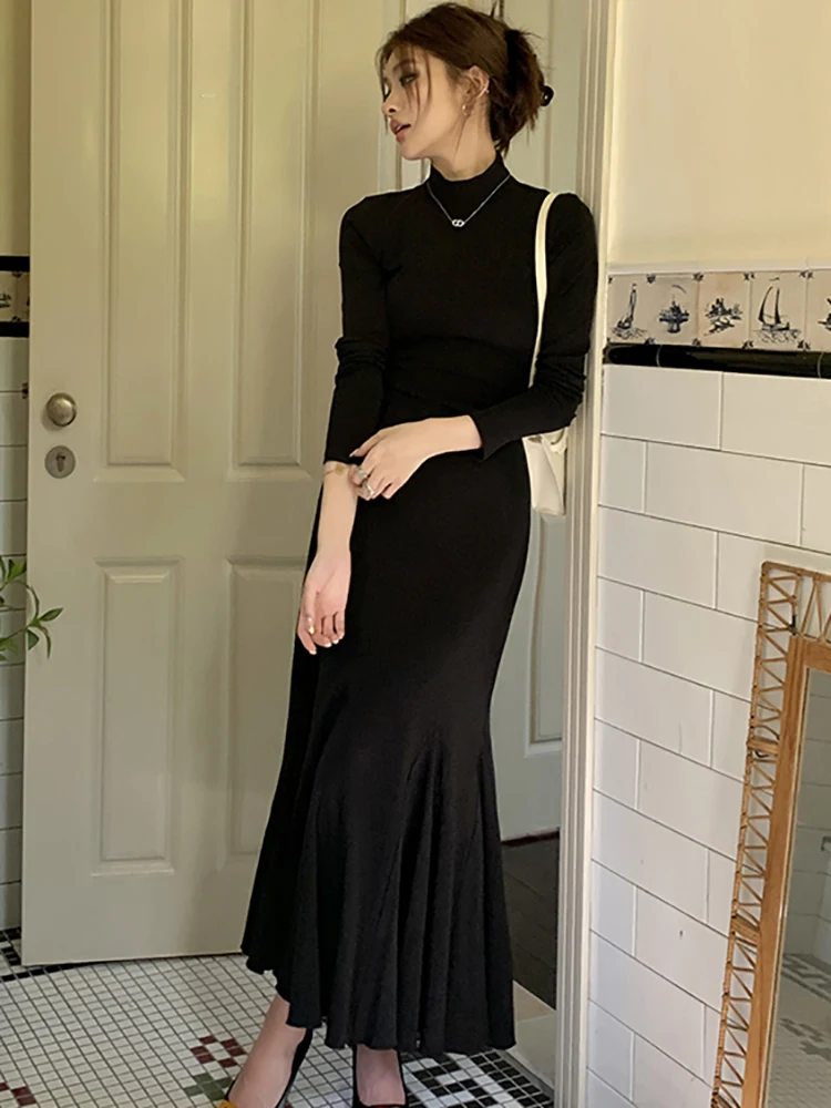

Autumn Winter Black Knitted Turtleneck Sweater Dress Women Bodycon Ruffled Mermaid Dress 2025 Korean Vintage Luxury Night Dress