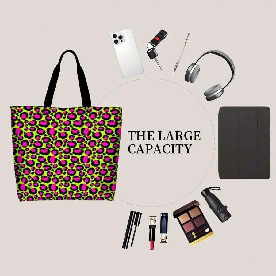 Neon Leopard Print Tote Bag Women Fashion Casual Handbag Hot Pink Lime Green Animal Print view 3