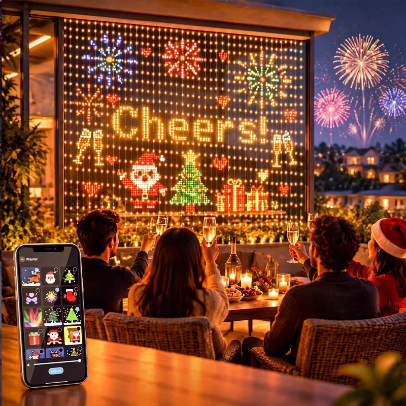 diyクリスマスライト、音楽連動rgbスマートカーテンライト、アプリで操作可能、ledストリングライト、usb接続、テキストパターン表示、パーティーや部屋の装飾に最適。