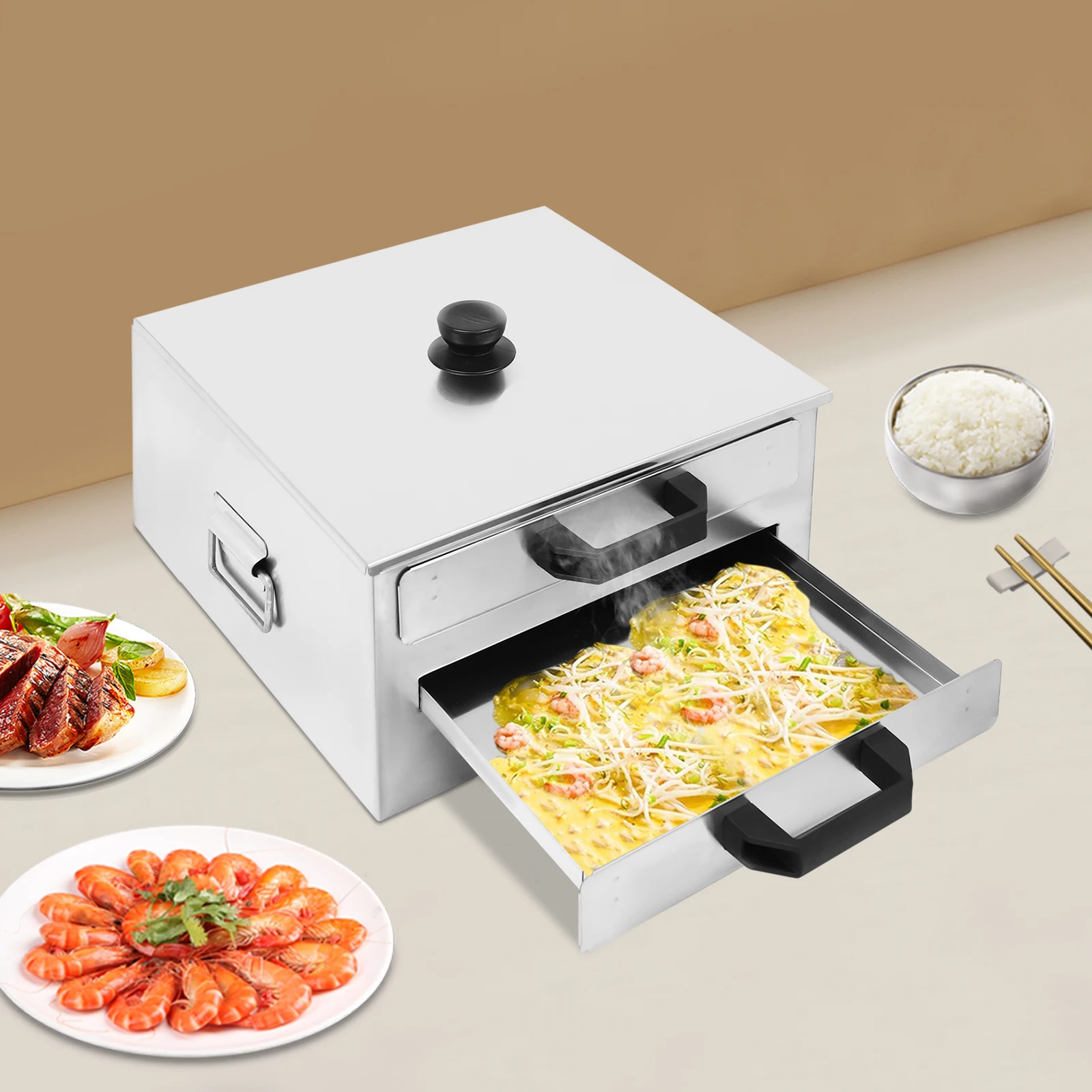 

Открытая китайская пароварка в рулонах рисовой лапши с дополнительным подносом из нержавеющей стали, квадратный уровень/слойная кухонная кухня