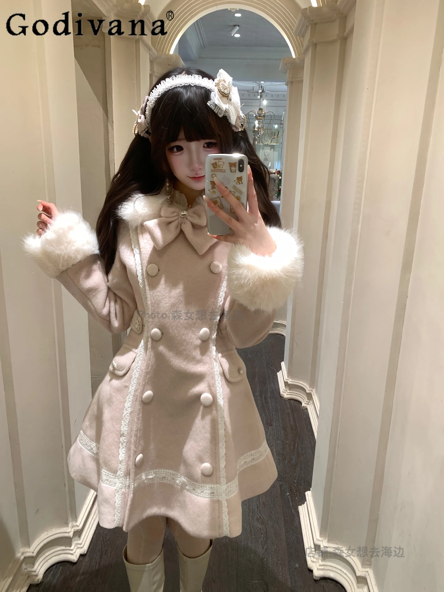 

Sweetheart Girl Japanese Original Lolita Pink Wool Coat Sweet Cute Doll Feel Winter Warm Thickened Jacket