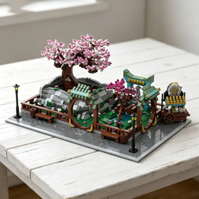 MOC Chinese Style Courtyard Cherry Blossom Tree Garden Park Architectural Model Small Particle Assembly Building Block Toy Ornam