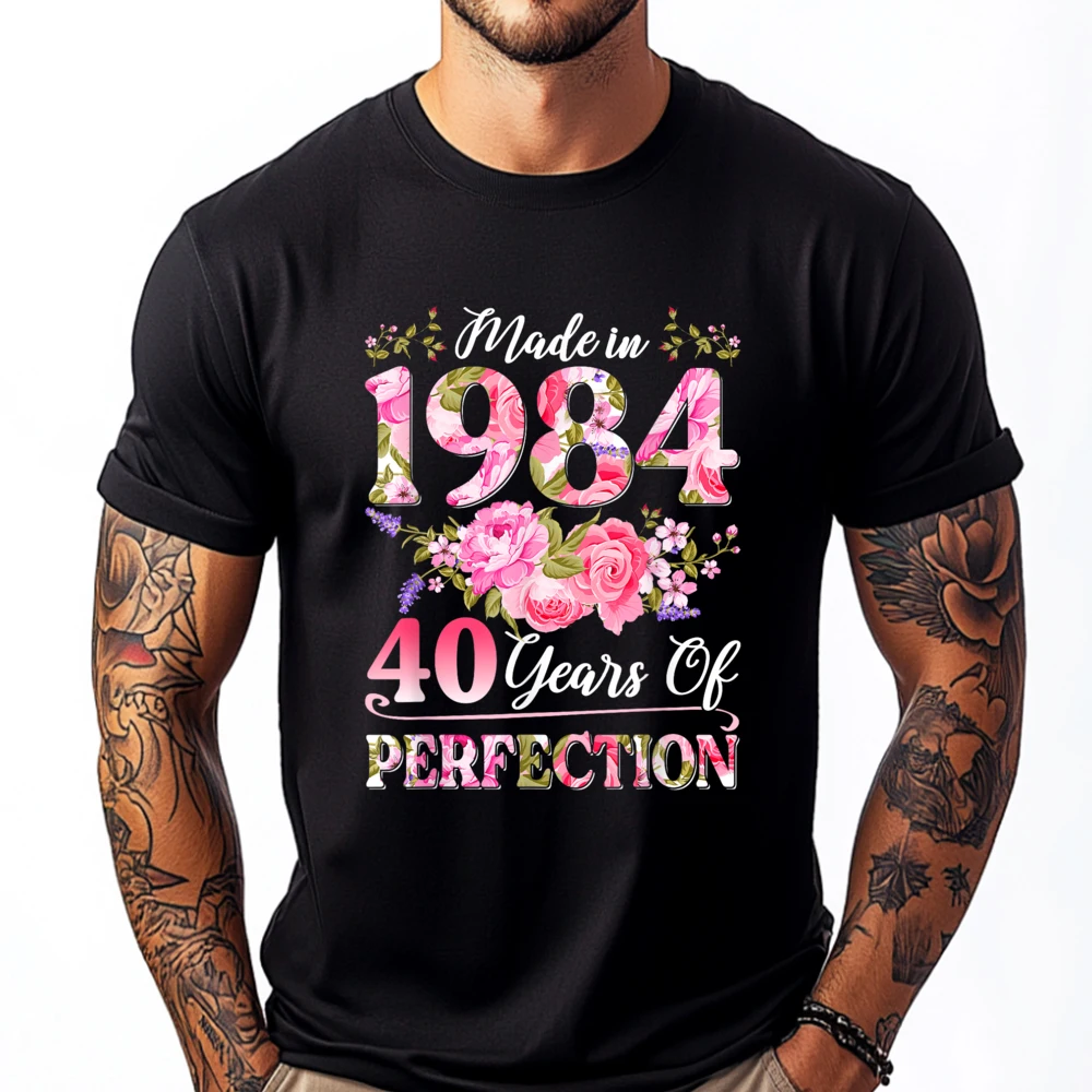 

40 Year Old Made In 1984 Birthday Floral 40th Birthday Mens Shirts Graphic Tee Men's Clothing Print